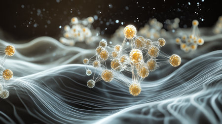 Floating molecular clusters interacting dynamically, with energy waves surrounding them.の素材