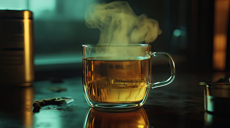 A warm, aromatic tea in a clear glass cup, the steam gently rising in the dark, glossy ambiance.の素材