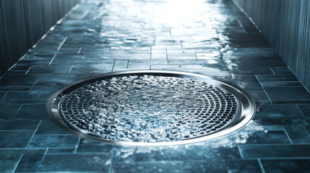 A shower floor with a central round drain, water flowing towards it over textured non-slip tiles.の素材