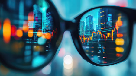 Reflections of stock market data and candlestick charts in a professional's glasses, suggesting finance, trading, or investingの素材