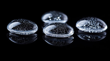 Close-up of wet glass beads with a glossy surface and ambient light creating shimmering reflections in a dark backgroundの素材