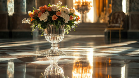Chandelier reflections dancing on a polished marble floor with a vase of fresh flowers positioned beneath the lightの素材
