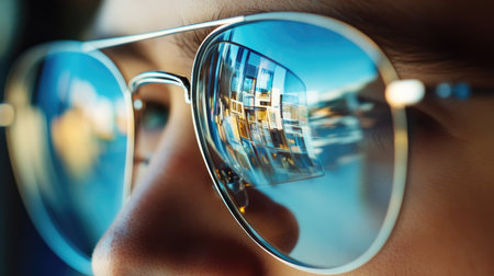 Reflection of a computer desktop full of open windows in the lenses of rimless glasses, portraying multitaskingの素材