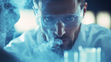 Scientist examining a reaction in a glass container, with chemical smoke rising and a serious expression on their faceの素材