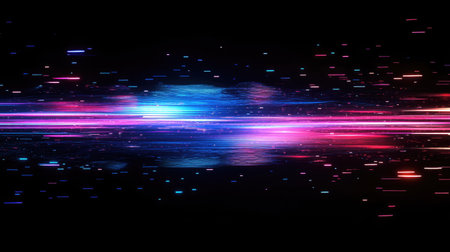 Dynamic audio waveform with gradient neon hues, spreading horizontally across a high-tech digital backgroundの素材