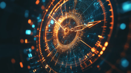 Exploded diagram of clock gears in D space, abstractly rendered in glowing wireframe for a high-tech conceptual themeの素材
