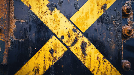 Bright yellow and black caution tape arranged in an X shape over a metal surface, giving a bold, industrial safety warningの素材