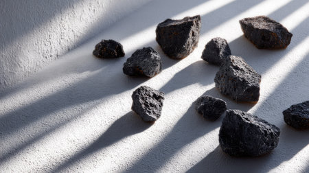Scattered dark volcanic rock fragments on a light gray surface with high contrast lighting and shadow playの素材