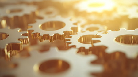 Abstract background of interconnected brass clock gears in motion, with soft lighting and subtle mechanical shadows, evoking a sense of timeless precisionの素材