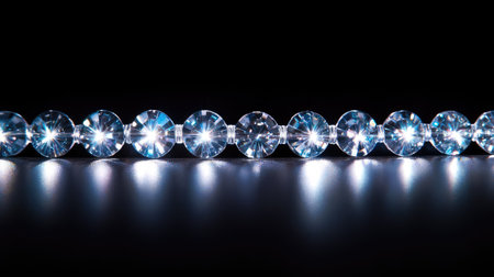 Clear crystal-like beads illuminated from below, casting vibrant light flares and subtle lens effects on a black backgroundの素材