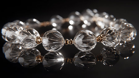 Artistic side lighting on transparent beads with strong reflections, creating a high-contrast luxury feelの素材