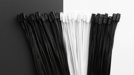 Black and white cable ties separated into groups on a two-tone background for a clean, high-contrast visualの素材