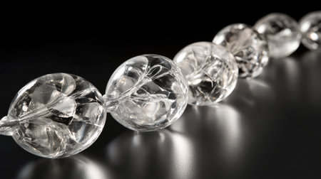 Artistic side lighting on transparent beads with strong reflections, creating a high-contrast luxury feelの素材