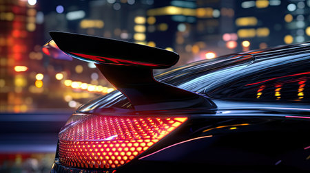 Artistic side profile of a car's trunk with a raised spoiler wing, backlit by city lights in an urban nighttime environmentの素材