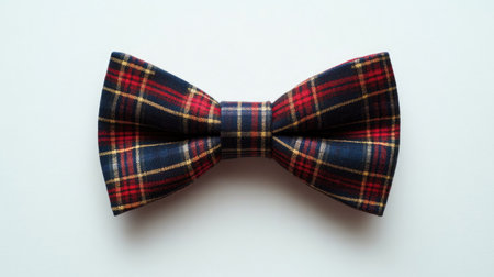 Bow tie with a tartan pattern isolated on a white surface, combining tradition and elegance in a flat lay compositionの素材