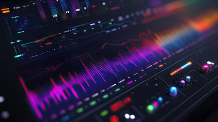 Audio waveform displayed in rainbow colors across a sleek modern interface, with tech-inspired visual effectsの素材