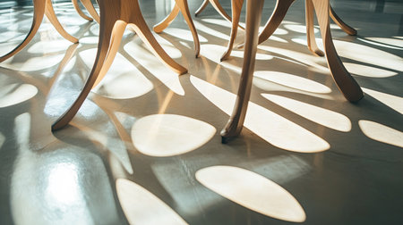 Abstract shadows from furniture legs stretching across a sunlit floor, capturing dynamic angles and modern aestheticsの素材