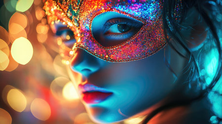 A close-up of a girl with a colorful carnival mask, her face illuminated by sparkling lights, adding to the carnival spirit.の素材