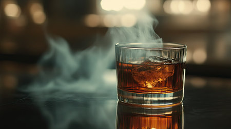 A steaming glass of tea with a faint reflection on the dark glossy surface beneath it, creating a sophisticated, calming scene.の素材