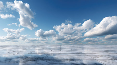 Polished marble flooring set against a sky painted with fluffy white clouds, no people or structures aroundの素材