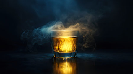 A beautifully lit glass of tea on a dark glossy surface, with steam rising gently in a relaxed, tranquil atmosphere.の素材