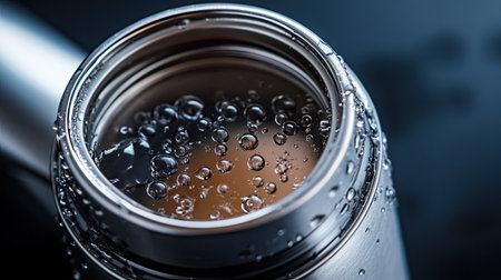 A close-up of a stainless steel thermos with a lid off, showing condensation and the warm contents inside.の素材