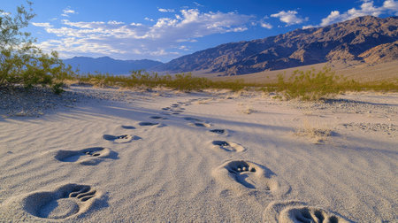A trail of small paw prints winding through a vast desert landscape, disappearing into the dunes.の素材