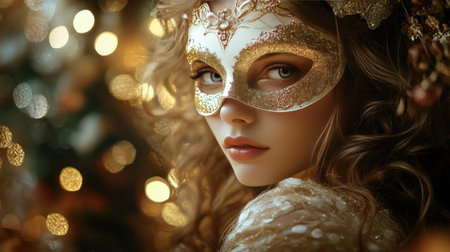 A beautiful girl wearing a white and gold carnival mask, her hair styled in elegant waves, captured in a festive setting.の素材