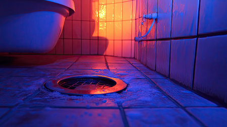A thermal imaging camera detecting a water leak beneath a bathroom floor drain, showing heat patterns.の素材
