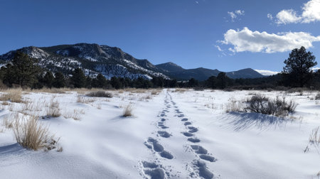 A wide shot of a snow-covered mountain trail with fresh animal footprints leading into the distance.の素材