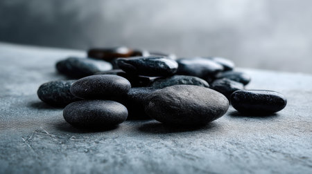 Pebble-sized black stones scattered organically across smooth stone backdropの素材