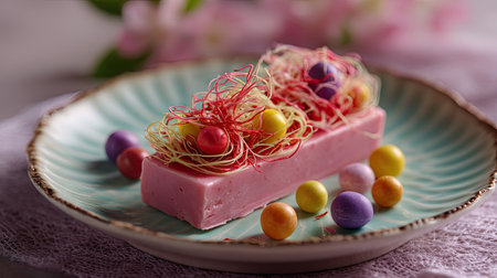 Pink chocolate bar topped with angel hair strands and multicolored candy, styled on a vintage plate with a soft blurの素材