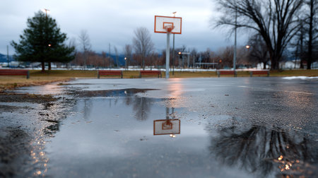 Rain-slick outdoor court with puddles reflecting the basketball hoop, no people in sightの素材
