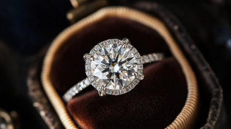 A beautiful diamond ring inside a velvet box, set against a dark, rich background that enhances the shine and sparkle of the ring.の素材