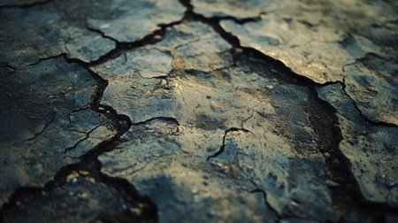 A close-up of a cracked street surface, with detailed texture showing the effects of extreme weather.の素材