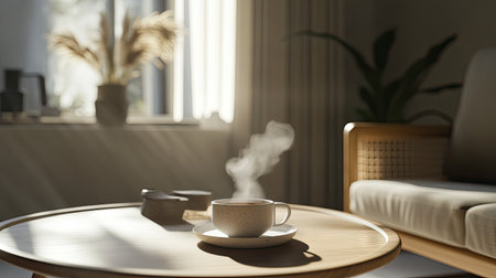 A steaming cup of espresso on a modern coffee table with sunlight gently illuminating the steam.の素材