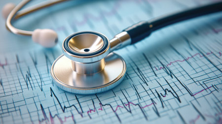 A stethoscope on an EKG printout, symbolizing cardiovascular health and diagnostics.の素材