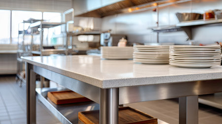 Professional kitchen island table with spotless surface and storage below, reflecting cleanliness standardsの素材