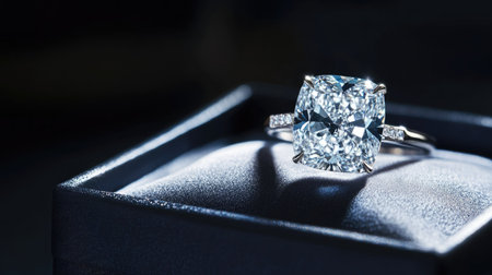 A close-up of a diamond ring displayed in a jewelry box, the soft lighting highlighting the cut and clarity of the diamond against a dark background.の素材