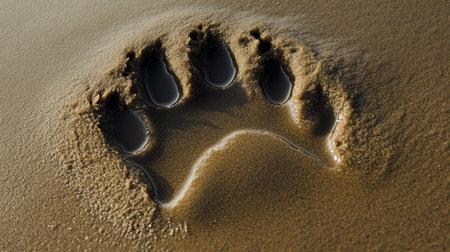 A bear's massive paw print pressed into soft sand, emphasizing its size and power.の素材