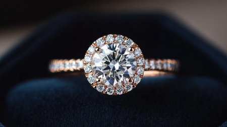 A beautiful diamond ring inside a velvet box, set against a dark, rich background that enhances the shine and sparkle of the ring.の素材