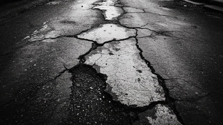 A weathered road with prominent cracks in the asphalt, showing the effects of heavy traffic and aging.の素材