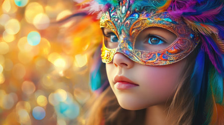 A young girl wearing a bright, feathered carnival mask with intricate patterns, set against a sparkling, colorful backdrop.の素材