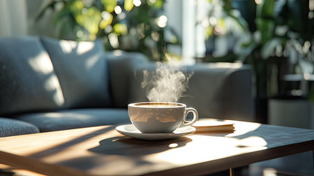 A steaming cup of espresso on a modern coffee table with sunlight gently illuminating the steam.の素材