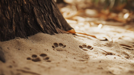Tiny squirrel footprints scattered across dry sand, disappearing up a tree trunk.の素材