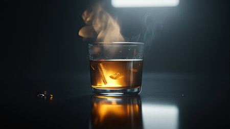 A steaming glass of warm tea on a dark glossy black background, with soft lighting highlighting the steam rising from the cup.の素材