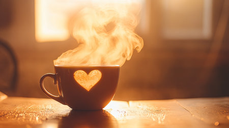 A steaming cappuccino with a beautiful heart-shaped design, with gentle steam rising above it.の素材