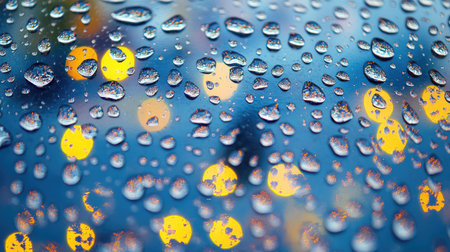 A close-up of raindrops on the surface of a wet street, with reflections of city lights shimmering.の素材