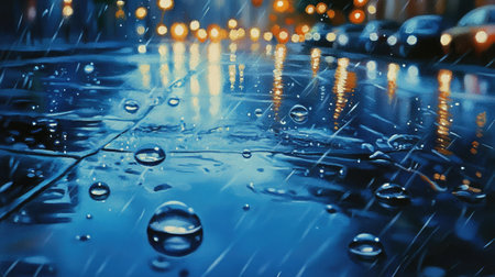 A close-up of raindrops on the surface of a wet street, with reflections of city lights shimmering.の素材