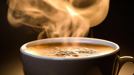 A close-up of steam gently rising from a hot cup of coffee, creating a soft and inviting atmosphere.の素材